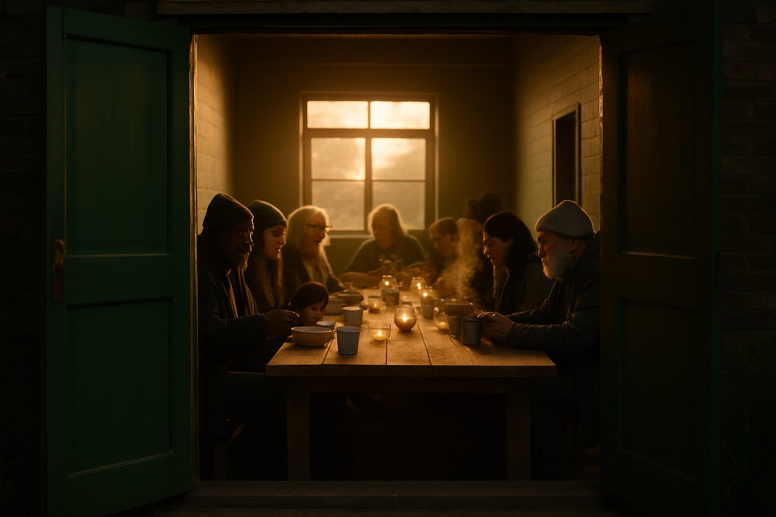Neighbors sharing a warm meal around a long table at dusk, seen through an open door