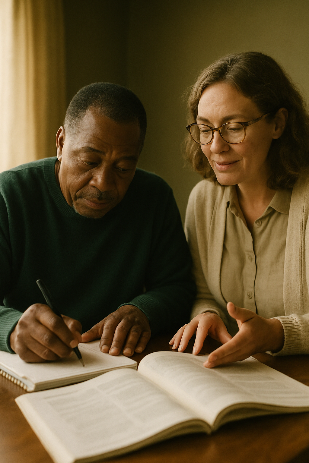 An adult student writing in a notebook while a tutor points at an open textbook beside them